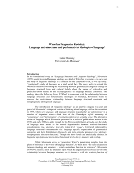 Whorfian Pragmatics Revisited: Language Anti-Structures and Performativist Ideologies of Language* Luke Fleming Université De M