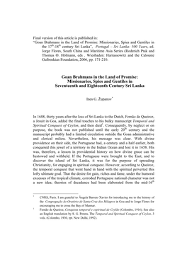 Goan Brahmans in the Land of Promise: Missionaries, Spies and Gentiles in the 17Th-18Th Century Sri Lanka”, Portugal – Sri Lanka: 500 Years, Ed