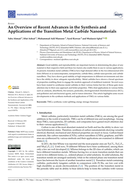 An Overview of Recent Advances in the Synthesis and Applications of the Transition Metal Carbide Nanomaterials
