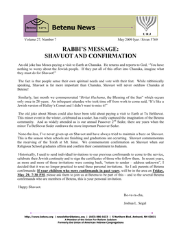 May 2009 Iyar / Sivan 5769 RABBI’S MESSAGE: SHAVUOT and CONFIRMATION