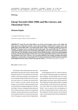 Giorgi Tsereteli (1842-1900) and His Literary and Theoretical Views