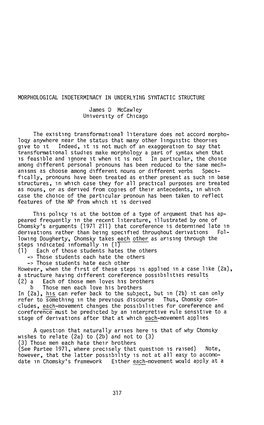 MORPHOLOGICAL INDETERMINACY in UNDERLYING SYNTACTIC STRUCTURE James D Mccawley University of Chicago