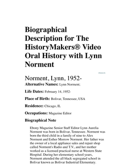 Biographical Description for the Historymakers® Video Oral History with Lynn Norment