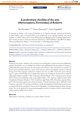 A Preliminary Checklist of the Ants (Hymenoptera, Formicidae) of Andorra