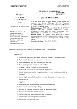 Séance Du 12 Octobre 2020 MAIRIE D'aussevielle