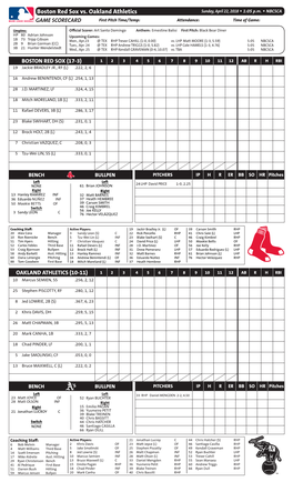 Boston Red Sox Vs. Oakland Athletics Sunday, April 22, 2018 W 1:05 P.M