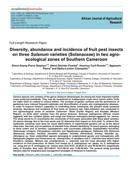 Diversity, Abundance and Incidence of Fruit Pest Insects on Three Solanum Varieties (Solanaceae) in Two Agro- Ecological Zones of Southern Cameroon