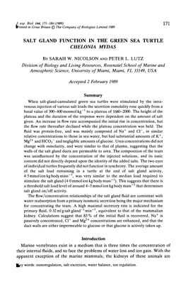 Salt Gland Function in the Green Sea Turtle Chelonia Mydas