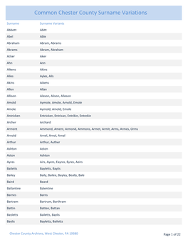 Common Chester County Surname Variations