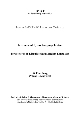 International Syriac Language Project Perspectives on Linguistics And