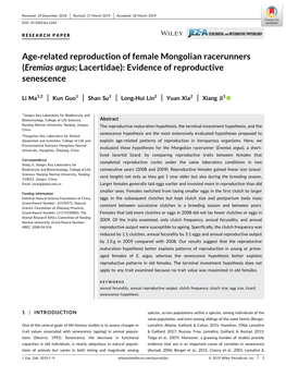 Age‐Related Reproduction of Female Mongolian Racerunners (Eremias Argus; Lacertidae): Evidence of Reproductive Senescence