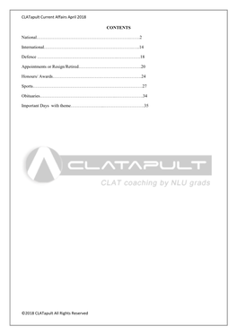 Clatapult Current Affairs April 2018 ©2018 Clatapult All Rights Reserved CONTENTS National………………………………