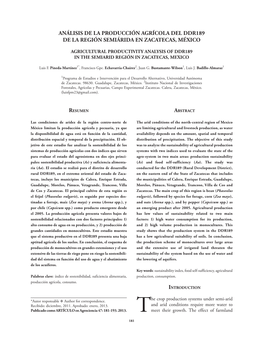 Análisis De La Producción Agrícola Del Ddr189 De La Región Semiárida En Zacatecas, México