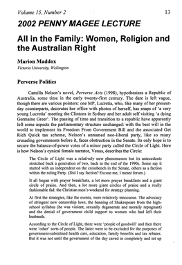 2002 PENNY MAGEE LECTURE All in the Family: Women, Religion and the Australian Right