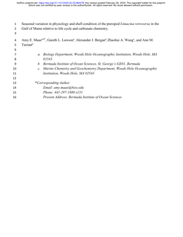 Seasonal Variation in Physiology and Shell Condition of the Pteropod Limacina Retroversa in the 2 Gulf of Maine Relative to Life Cycle and Carbonate Chemistry