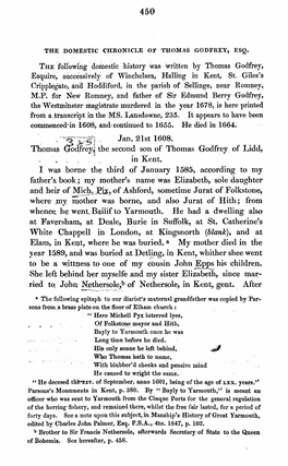 450 · , ·--~·-··;;:G) . Jan. 21St 1608. Thomas Jocifi·Eyi the Second Son of Thomas Godfrey of Lidd, ..., . in Kent. I