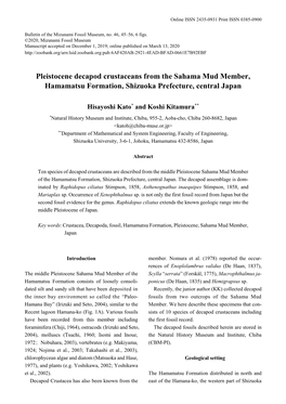 Pleistocene Decapod Crustaceans from the Sahama Mud Member, Hamamatsu Formation, Shizuoka Prefecture, Central Japan