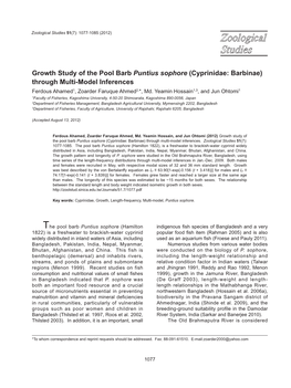 Growth Study of the Pool Barb Puntius Sophore (Cyprinidae: Barbinae) Through Multi-Model Inferences Ferdous Ahamed1, Zoarder Faruque Ahmed2,*, Md