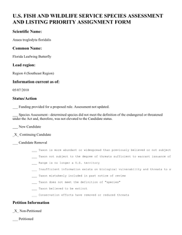 U.S. Fish and Wildlife Service Species Assessment and Listing Priority Assignment Form