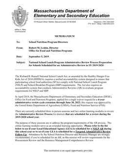 National School Lunch Program Administrative Review Process Preparation for Schools Scheduled for an Administrative Review in SY 2019-2020