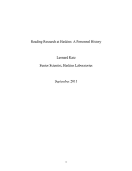 Reading Research at Haskins: a Personnel History Leonard Katz