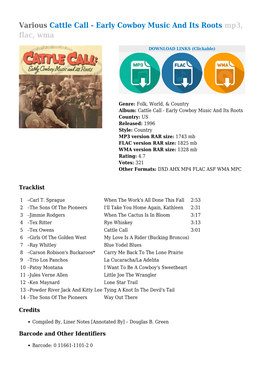 Various Cattle Call - Early Cowboy Music and Its Roots Mp3, Flac, Wma