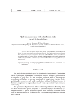 Quill Mites Associated with Columbiform Birds (Acari: Syringophilidae)