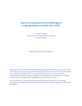American Community Survey Redesign of Language-Spoken-At-Home Data, 2016