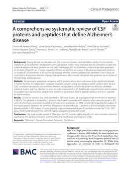 A Comprehensive Systematic Review of CSF Proteins and Peptides That Defne Alzheimer’S Disease Cristina M