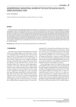 Geomorphology and Natural Hazards of the Selected Glacial Valleys, Cordillera Blanca, Peru Jan Klimeš