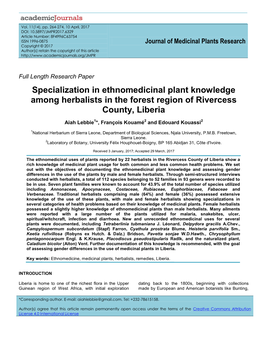 Specialization in Ethnomedicinal Plant Knowledge Among Herbalists in the Forest Region of Rivercess County, Liberia