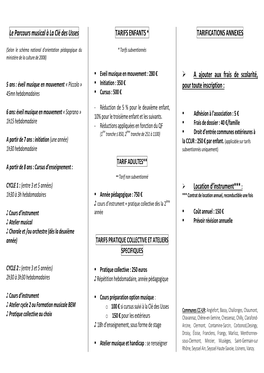 Le Parcours Musical À La Clé Des Usses TARIFS ENFANTS * TARIFICATIONS ANNEXES