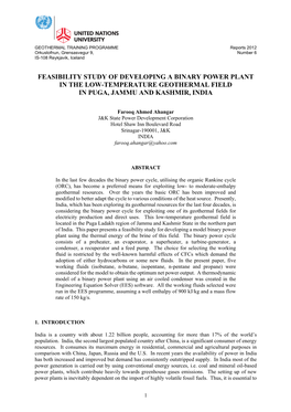 Feasibility Study of Developing a Binary Power Plant in the Low-Temperature Geothermal Field in Puga, Jammu and Kashmir, India