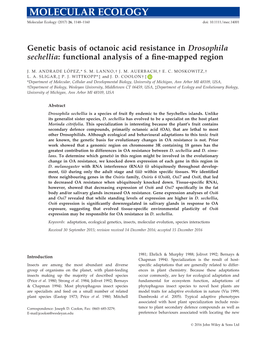 Genetic Basis of Octanoic Acid Resistance in Drosophila Sechellia: Functional Analysis of a ﬁne-Mapped Region