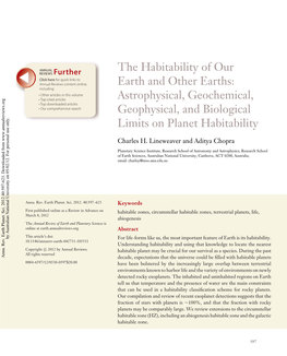 The Habitability of Our Earth and Other Earths: Astrophysical, Geochemical, Geophysical, and Biological Limits on Planet Habitability