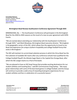 Birmingham Bowl Renews Southeastern Conference Agreement Through 2025 BIRMINGHAM, Ala