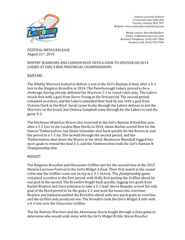 FESTIVAL MEDIA RELEASE August 21St, 2015 WHITBY WARRIORS