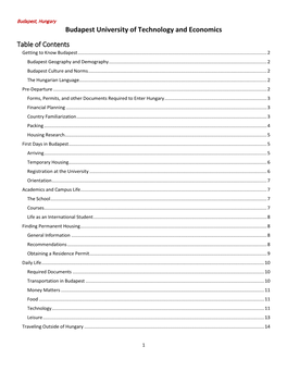 Budapest University of Technology and Economics Table of Contents Getting to Know Budapest