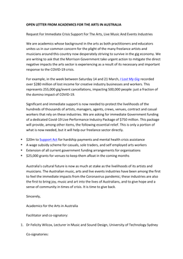 Open Letter from Academics for the Arts in Australia