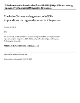 The Indo‑Chinese Enlargement of ASEAN : Implications for Regional Economic Integration