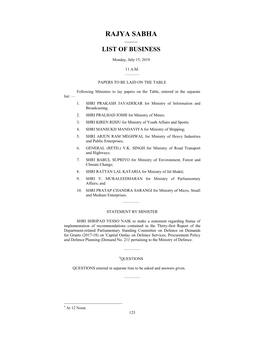 Rajya Sabha —— List of Business