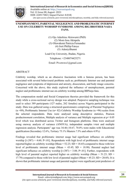 Unemployment, Parental Negligence and Problematic Internet Use on Celebrity Worship Syndrome Among Big Brother Naija Fans. (1) O