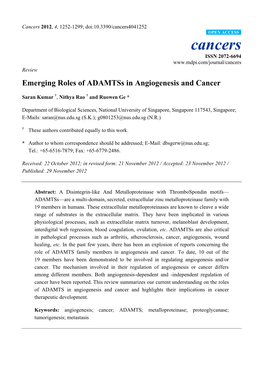 Emerging Roles of Adamtss in Angiogenesis and Cancer