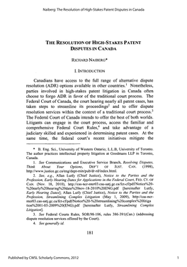 The Resolution of High-Stakes Patent Disputes in Canada