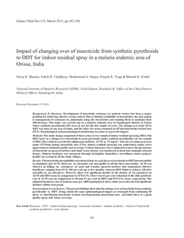 Impact of Changing Over of Insecticide from Synthetic Pyrethroids to DDT for Indoor Residual Spray in a Malaria Endemic Area of Orissa, India