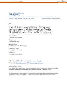 Two Distinct, Geographically Overlapping Lineages of the Corallimorpharian Ricordea Florida (Cnidaria: Hexacorallia: Ricordeidae) H