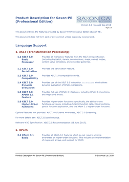 Product Description for Saxon-PE (Professional Edition) Version 9.9 Released Sep 2018 Page 1/5