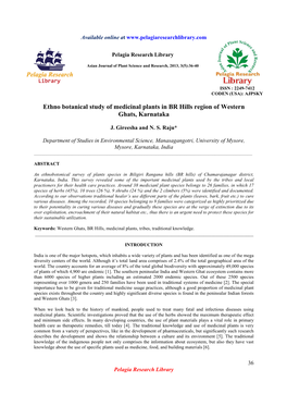 Ethno Botanical Study of Medicinal Plants in BR Hills Region of Western Ghats, Karnataka