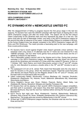FC DYNAMO KYIV V NEWCASTLE UNITED FC