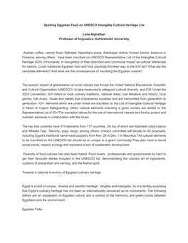 Spotting Egyptian Food on UNESCO Intangible Cultural Heritage List Laila Alghalban Professor of Linguistics, Kafrelsheikh Univer
